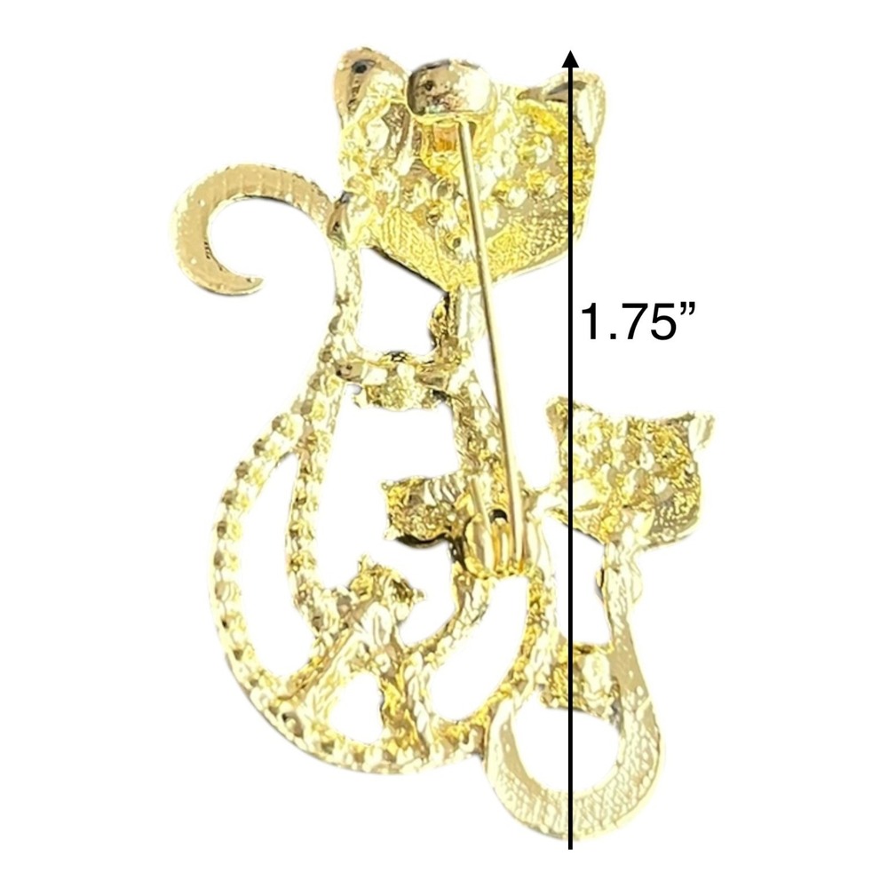 Cat Family Brooch Pin Women's Gold Tone Rhinestone Enamel 1.75" Feline Jewelry - Picture 3 of 3